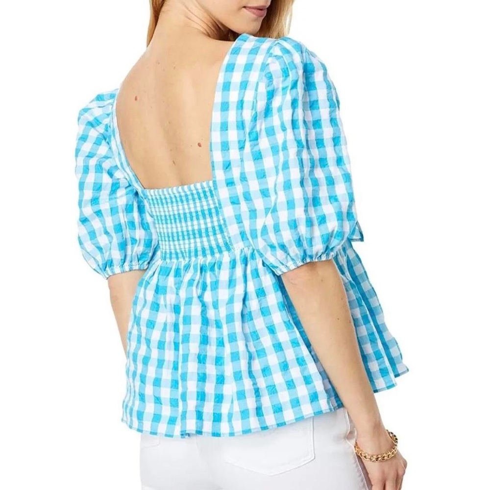 🐬 LILLY PULITZER SARAFINA TURQUOISE OASIS CRINKLE GINGHAM SHORT SLEEVE TOP! - Picture 14 of 15